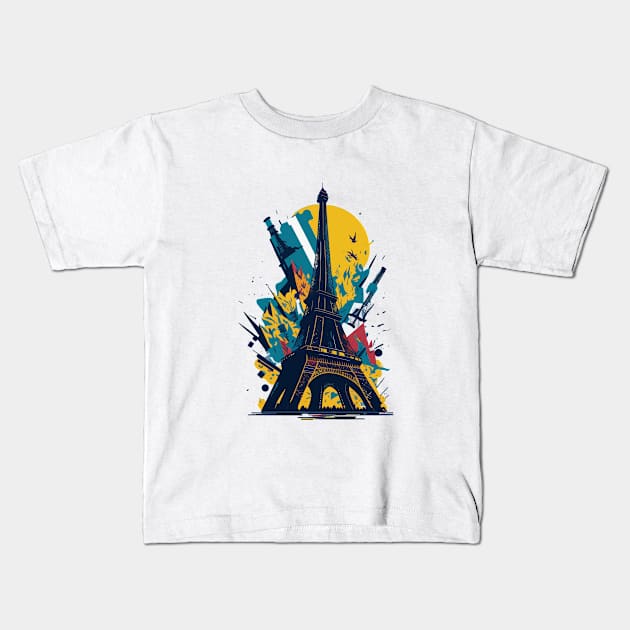 Vibrant illustration of chaotic debris around the Eiffel tower Kids T-Shirt by amithachapa